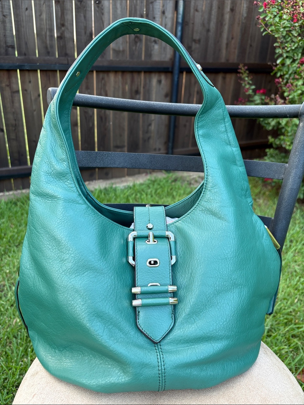 b. makowsky Emerald Leather Shoulder Hobo with Buckle Accent